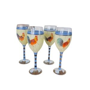 Set of 4 Hand Painted Rooster Chicken Wine Glass 8.5” Tall